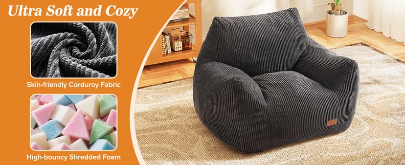 Big Bean Bag Chair for Adults, Ultra Soft Living Room Bean Bag with Armrests, Stuffed BeanBag Chair for Napping, Gaming, Vacuum-Compressed for Easy Gifting, 48 Hours to Fluffs Up, Dark Gray