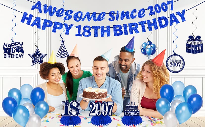 11Pcs 18th Birthday Decorations Kit for Boys Men, Blue Sliver Happy 18th Birthday Banner, Awesome Since 2007 Centerpieces Swirls Party Supplies, Eighteen Bday Banner Ceiling Table Topper Sign