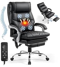 Massage Office Chair with Heat - 6 Points Vibration 400LBS Leather Reclining Office Chair with Lumbar Pillow, Adjust Headrest and Armrest, Executive Desk Chair for Home Office, Beige