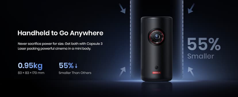 NEBULA Capsule 3 Laser Projector, Upgraded with Google TV and Official Netflix, Mini Smart TV Projector with Wi-Fi, Outdoor Portable Projector, Dolby Digital, 120-Inch Screen, 2.5H Built-In Battery