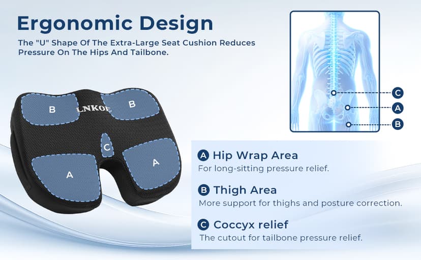 Gel Memory Foam Layer Wheelchair Cushion - Wheelchair Office Chair, Kitchen Chair, Car Seat - Pressure Pain and Tailbone Pain Relief - High Density Foam Base (Black)