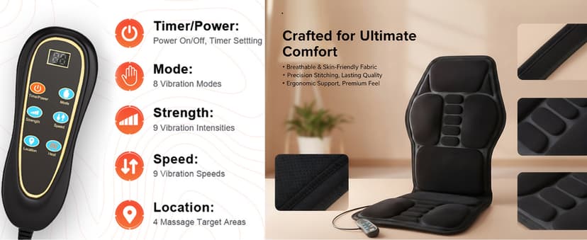 Vibration Back Massager with Heat, Seat Massager with 9 Vibrating Motors & 5 Modes, Chair Massager Cushion, Massage Pad for Chair, Office, Gifts for Mom