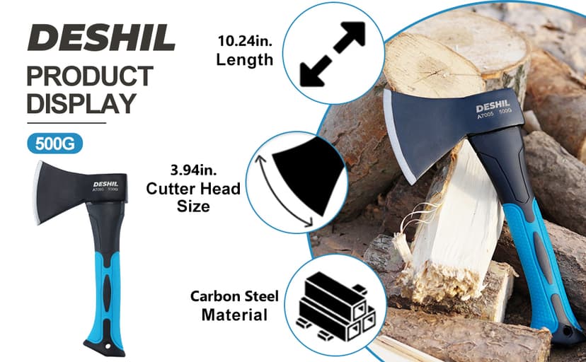 10” Outdoor Hatchet Forged Carbon Steel Heat Treated Hand Tool, Fiberglass Shock Reduction Handle with Anti-Slip Grip, Blue