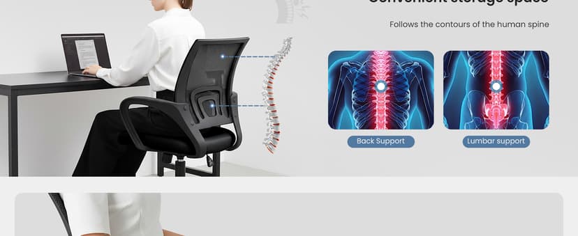 DUMOS Home Office Chair - Ergonomic Mid Back Mesh Desk Chair with Lumbar Support & Rocking Mode, Height Adjustable with Fixed Armrest, for Computer, Gaming, Meeting, 360° Swivel, Black