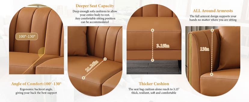 FOTOSOK 78'' Couch Sofa, Modern Leather Couches for Living Room, Comfy, Faux Leather Sofa 3 Seater Sofa with 2 Throw Pillows and Gold Metal Legs, Deep Seat Sofas (Brown)