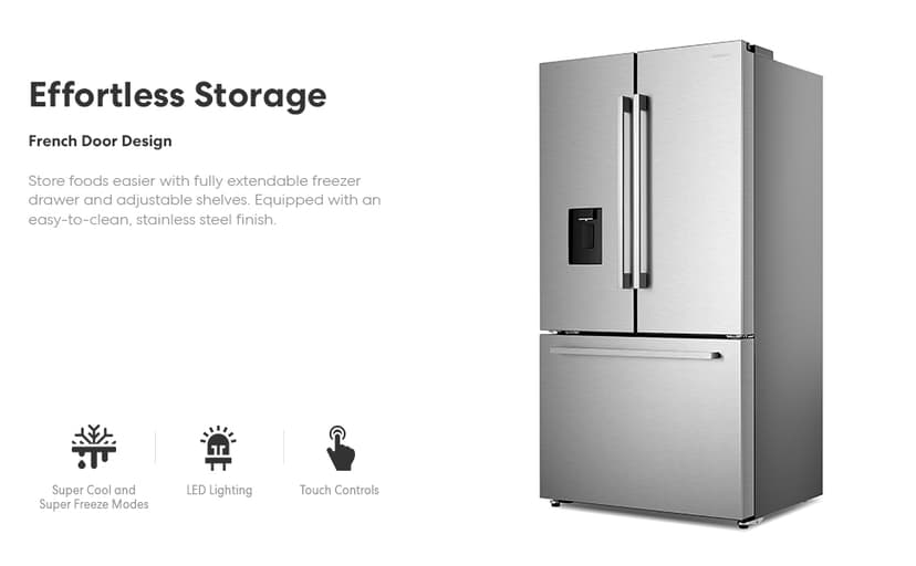 COSMO COS-FDR223GWSS 36 in. Lumin Collection 22.4 cu. ft. Counter Depth French Door Refrigerator, Water Dispenser, Ice Maker, Stainless Steel