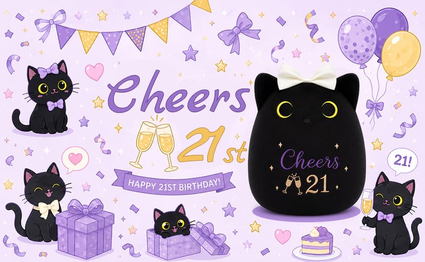 8inch Cat Stuffed Anmals with Cheers 21, Soft Plush Cute 21 Year Old Birthday Gifts for Girls Women 21st Birthday Black Cat Plush, 21st Birthday Gifts for Girls Her B0H2GV3YWL