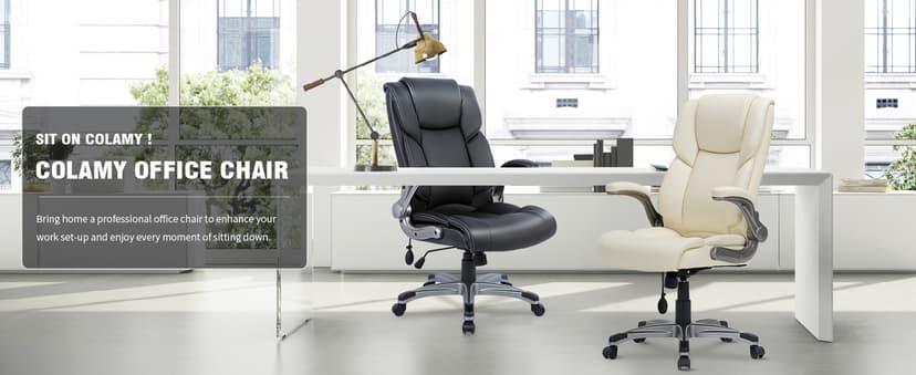 COLAMY High Back Executive Office Chair- Ergonomic Home Computer Desk Leather Chair with Padded Flip-up Arms, Adjustable Tilt Lock, Swivel Rolling Chair for Adult Working Study-Ivory