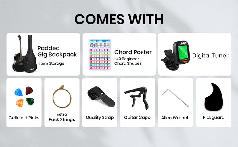 Moukey 41" Acoustic Guitar for Beginners Adult Teen Full Size Guitarra Acustica with Chord Poster, Gig Bag, Tuner,Steel Strings, Capo, Strap - Black