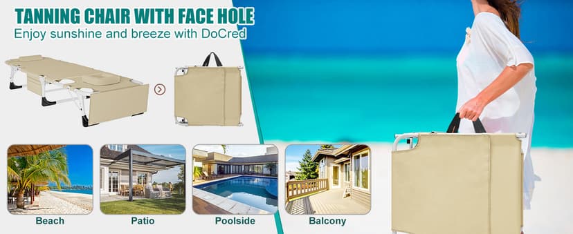 DoCred Heavy Duty XXL Tanning Chair with Face Hole&Mat, Oversized 5-Position Folding Chaise Lounge Chairs for Outside, Portable Beach Lounge Chair for Outdoor Sunbathing Beach Pool Lawn Camping