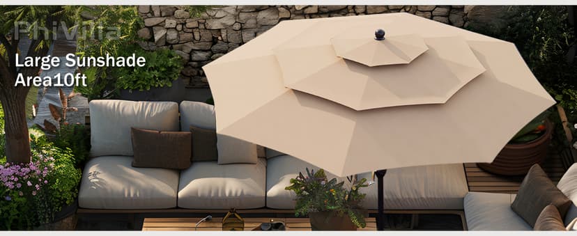 PHI VILLA 5 Pieces Outdoor Dining Set for 4 with Umbrella, 42" Large Round Metal Steel Table & Stackable Iron Chairs with Cushions & 10ft Beige Umbrella, Modern Furniture for Patio, Deck, Yard, Porch