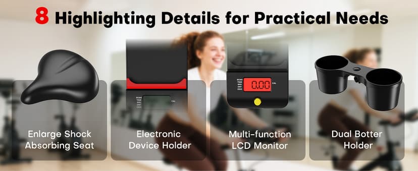 CHAOKE Exercise Bike, Quiet Adjustable Magnetic Stationary Bike for Home Cardio with App Compatible, 350LB Weight Capacity Indoor Cycling Bike with Large Seat, Dumbbell Rack, Pull Cords & LCD Display