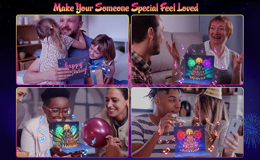 INPHER Birthday Cards Fireworks Pop Up Cake Light and Music Happy Birthday Gifts Decorations for Women, Men, Mom, Grandma