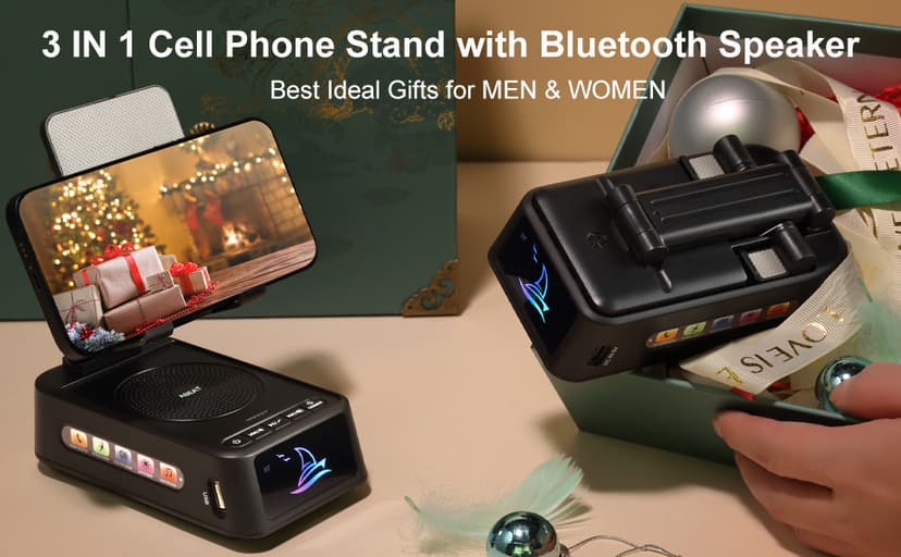 Gifts for Men Women, Cell Phone Stand with Bluetooth Speaker Led Light, Unique Gifts for Dad Him Husband Boyfriend, Cool Gadget Compatible with iPhone/Android, Ideal Gifts for Christmas