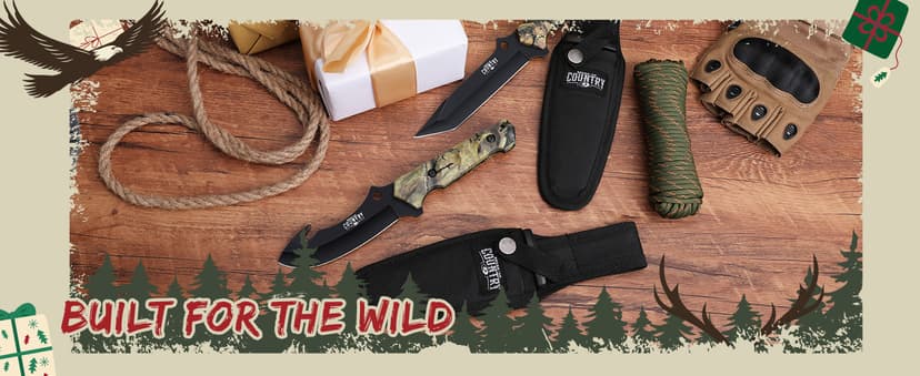 Mossy Oak Fixed Blade Hunting Knife Set - 2 Piece, Full Tang Handle Straight Edge and Gut Hook Blades Game Processing Knife, Sheath Included - Yellow Camo