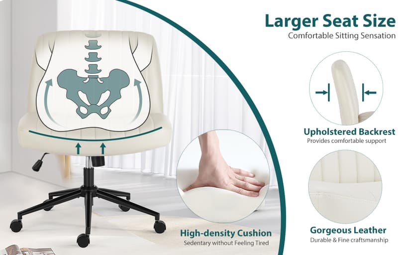 OLIXIS Criss Cross Chair with Wheels Wide Cross Legged Office Desk Vanity Chair Comfy Fabric Armless Adjustable Swivel for Home Computer Task PU Beige