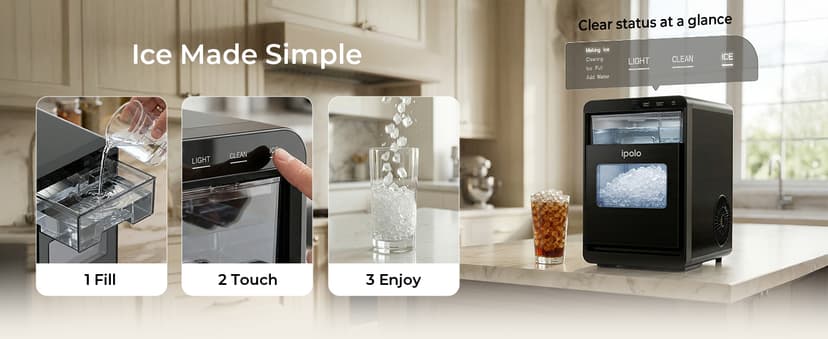 Nugget Ice Maker Countertop: 44lb/Day, Self-Cleaning, Black Stainless Steel, Portable, Soft Chewable Pebble Ice Machine for Home Kitchen, RV & Office