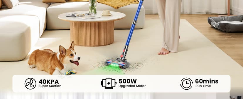 Cordless Vacuum Cleaner, 500W/40Kpa Vacuum Cleaners for Home, 60Mins Stick Vacuum with LED Display, Anti-Tangle & Wall Mount Charging, 8 in 1 Lightweight Vacuum for Hard Floors Carpet Pet Hair
