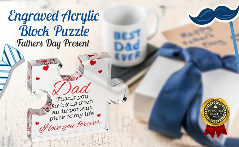 Fathers Day Dad Birthday Gift - Engraved Acrylic Block Puzzle Gifts for Dad 3.35 x 2.76 inch - Cool Father's Day Presents from Daughter, Son, Mom - Heartwarming Men Birthday Gift, Ideas