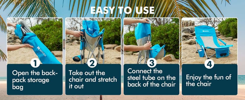AKSOUL Folding Beach Chair for Adults: Low/High Back Chairs with Carry Bag - Extra Wide Seat Chair with Comfortable Pillow & Storage Pocket (1 Pack & 2 Pack, Blue)