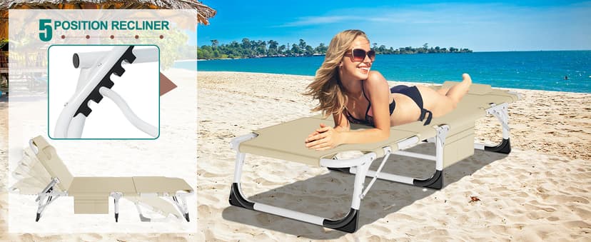 DoCred Heavy Duty XXL Tanning Chair with Face Hole&Mat, Oversized 5-Position Folding Chaise Lounge Chairs for Outside, Portable Beach Lounge Chair for Outdoor Sunbathing Beach Pool Lawn Camping