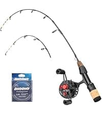 QualyQualy Ice Fishing Rod Reel Combo Complete Set Ice Fishing Gear with Backpack Seat Ice Cleats Ice Fishing Jigs Line Full Ice Fishing Kit 24" 26"