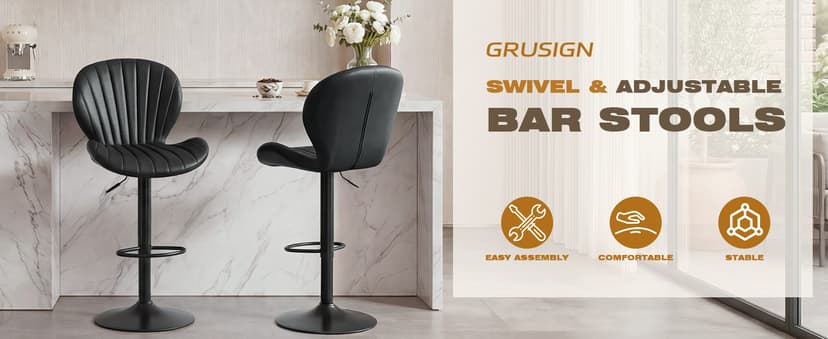 GRUSIGN Bar Stools Set of 2, Modern Swivel Adjustable Bar Chairs, Faux Leather Upholstered Counter Height Bar Stools with Backrest, Comfort Barstools for Kitchen Island, Home Bar, Black