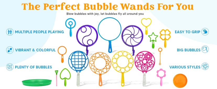 JOYIN Big Bubble Wands Set Bulk for Kids Summer Outdoor Toy Game Activity Party Favors, 18 Pcs Giant Bubble Maker with Tray, 12" Large, 6 Pcs Solution Suitable for All Age People