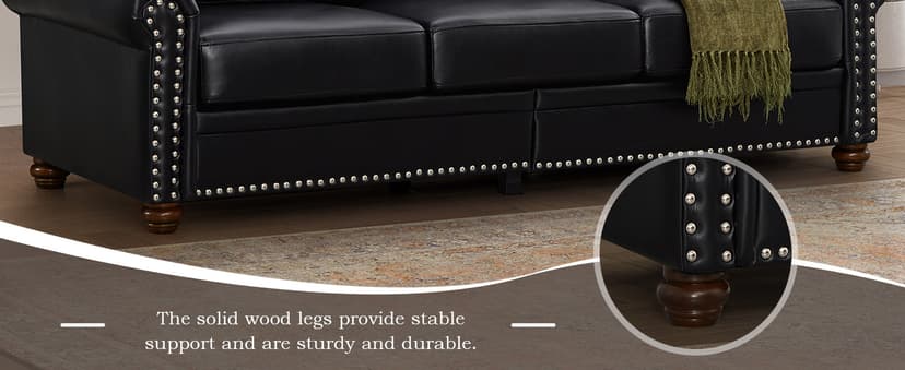 2 Piece Faux Leather Sofa Set,Modern Couch and Loveseat Sets with Storage,Mid Century Couch with Rivet Rolled Arm,Comfy Deep Seat Sofa,Furniture for Living Room,Office(Loveseat+3 Seater,Black)