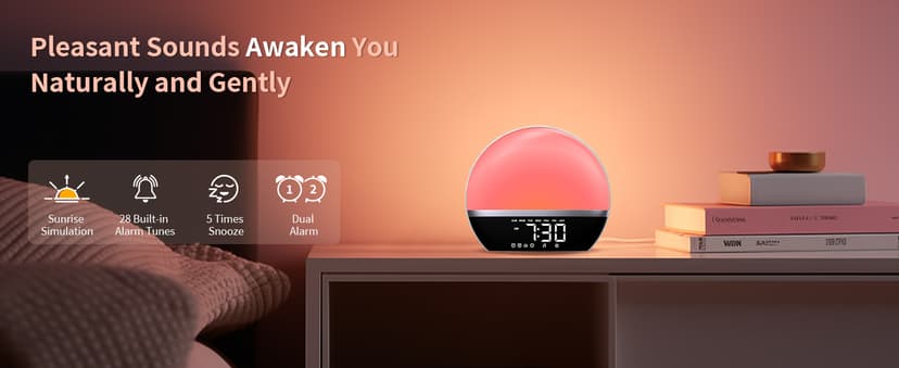 SoundLegend FM Radio Sunrise Alarm Clock Sound Machine Wake-Up Light Sunrise Sunset Simulation Adjustable Volume Brightness Sleep Aid 13 Colors 23 Sounds 28 Tunes Snooze Dual Alarm 4 Timers