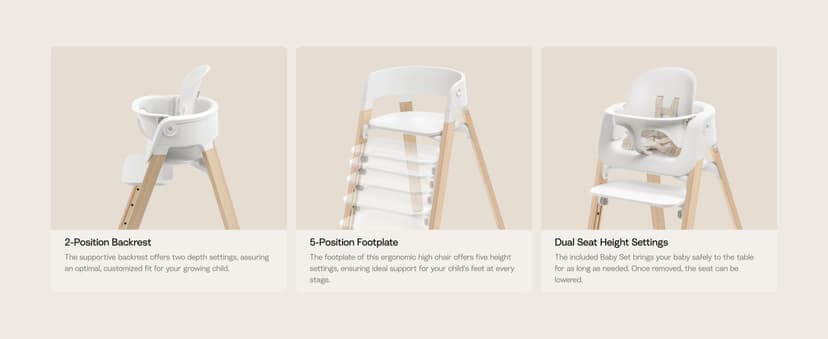 Stokke Steps High Chair for Babies & Children from 6 Months to 10 Years – 2-in-1 Adjustable & Ergonomic Design – Removable Baby Set, Tray & Safety Harness – 18.9 x 24.4 x 34.7 – White/Natural