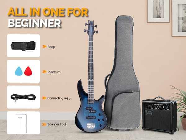 GLARRY 4 String Electric Bass Guitar Beginner Kit, GIB Series Full Size Solid Body Bass Guitar with 20W AMP, Gig Bag Backpack and Accessories (Dark Blue)