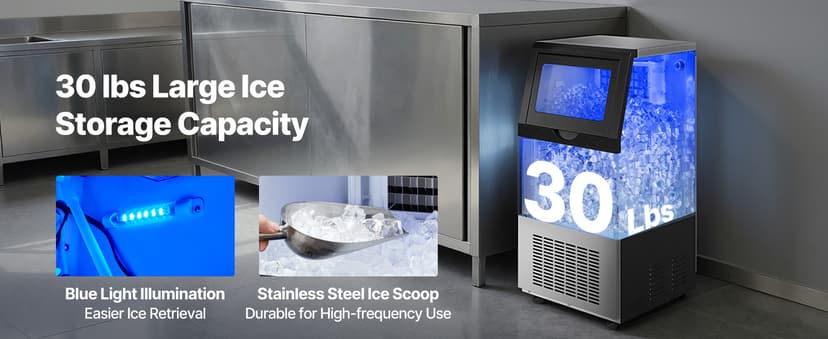 VEVOR Commercial Ice Maker Machine, 100 lbs/24h with 30 lbs Storage Capacity, Built-in/Freestanding/Under Counter, Stainless Steel Ice Maker with LED Display & Self-Cleaning, for Home Bar Restaurant