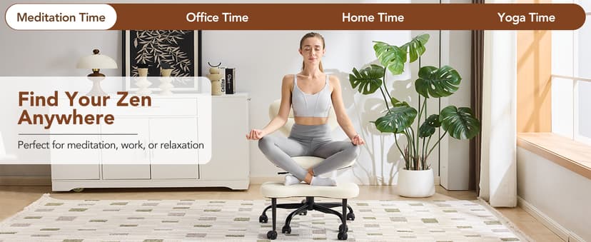 YFO Ergonomic Cross Legged Office Chair and ADHD Meditation Chair with Silent Wheels for Home Office Desk Chair and Yoga, Wider Backrest Support and Storage Pockets Design, PU Leather, Cream