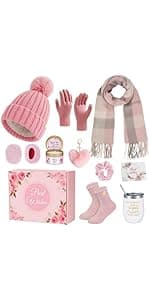 Patelai 11 Pcs Birthday Basket Gifts Set for Women Knitted Winter Beanie Hat Gloves Scarf Earmuff Tumbler Candle Fleece Socks