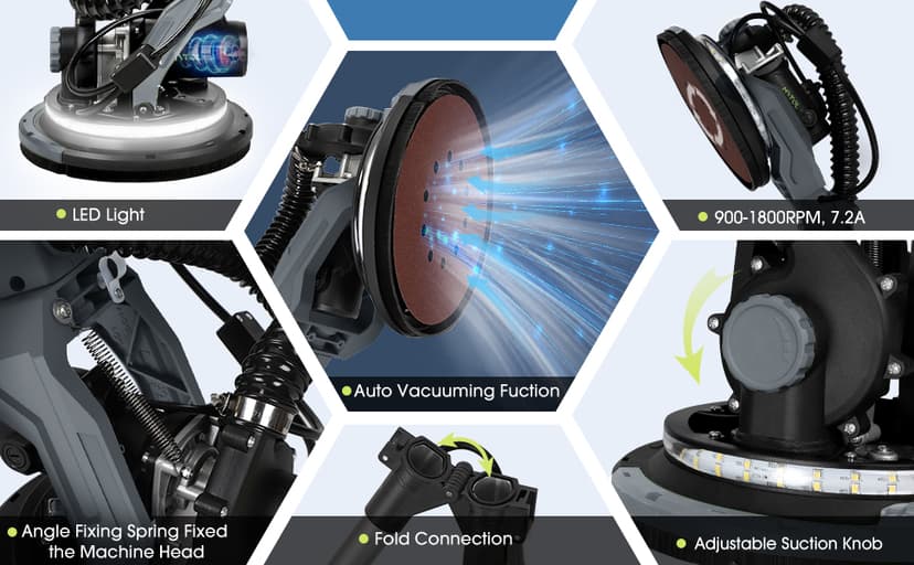 MYTOL Drywall Sander, 7.2A Electric Drywall Sander with Vacuum Dust Collection, LED Light, 6 Variable Speed Digital Display 900-1800RPM, Foldable & Extendable Handle (GREY)