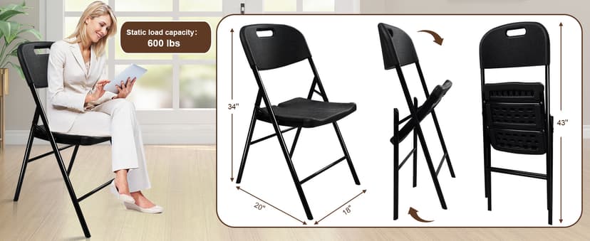 6 Pack Folding Chair, 600 lb Weight Capacity,Indoor/Outdoor Heavy Duty Foldable Chairs for Restaurants, Kitchens, Picnics, Races, Parties & Weddings. (6, Black)