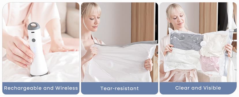 Travel Vacuum Bags with Rechargeable Cordless Air Pump, 12 Pack Vacuum Storage Seal Bags for Clothing(4 Large+4 Medium+4 Small), Compression Packing for Clothes Suitcase Luggage