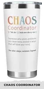 Thank You Gifts for Women, Boss Lady, Coworkers, Manager, Office, Teacher, Nurse, Mom, Her - Chaos Coordinator Gift Ideas - Valentines, Birthday Drinking Cup - 20 Oz Stainless Steel Tumbler