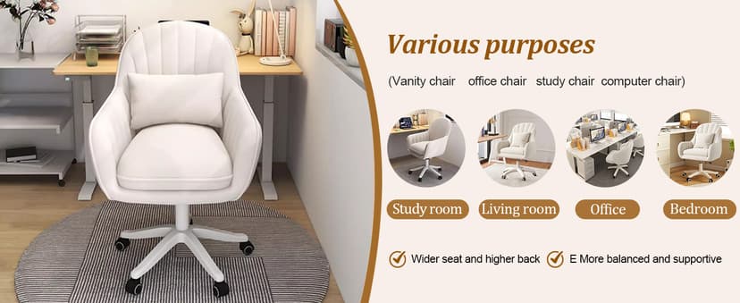 Mid Back Velvet Vanity Chair Swivel Rolling Desk Chair with Wheels, Modern Upholstered Makeup Chair for Women Girls, Computer Task Chair for Bedroom Living Room Office, White