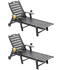 Carauci Lounge Chair Outdoor Set of 2, HDPE Chaise Lounge with Wheels, 5-Position Adjustable Backrest & 2 Cup Holders Patio Lounge Chair, All-Weather Pool Sun Lounger for Poolside, Backyard, Black