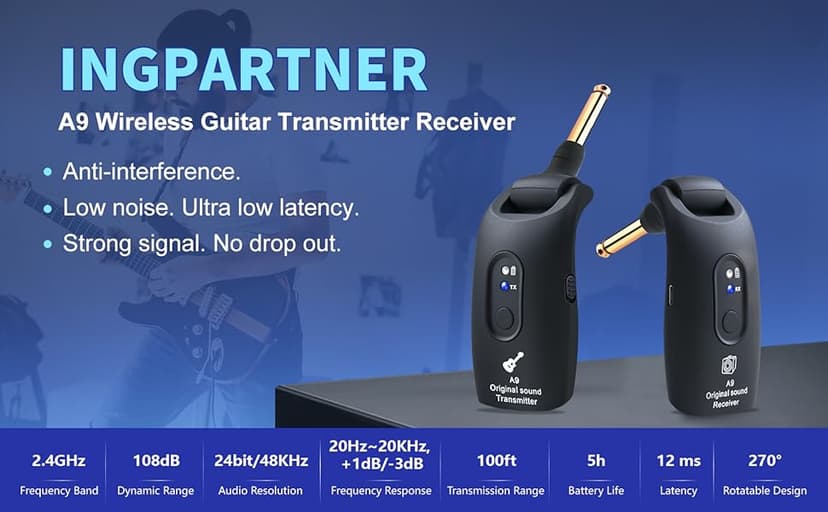 INGPARTNER 2.4GHz Wireless Guitar System Rechargeable Audio Wireless Transmitter Receiver for Guitar Bass Electric Instruments,Over 30m/100 Feet Transmission,270°Rotatable,4hours Woring Time(A9 Black)