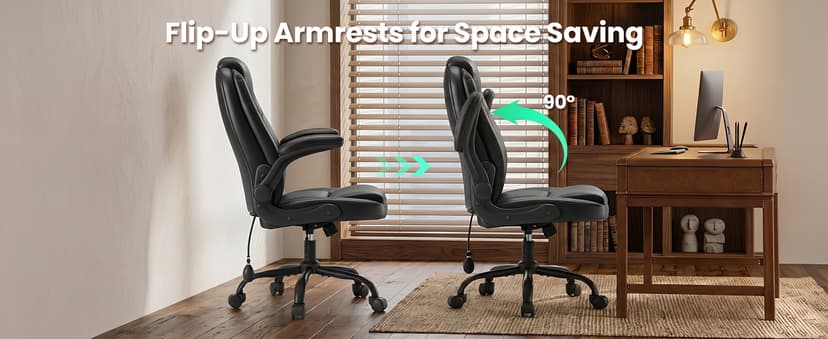 MALOL Leather Office Chair, Computer Desk Chair with Adjustable Lumbar Support, Thick Cushion, Flip-Up Arms and Ergonomic Back, Comfy Executive Office Chair for Home Office Gaming,Black