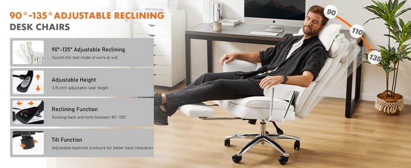 Sweetcrispy Executive Home Office Desk Chair - Ergonomic Big Tall High Back with Footrest & Lumbar Support, Reclining Height Adjustable, Comfy PU Leather Computer Gaming with Swivel Wheels, White