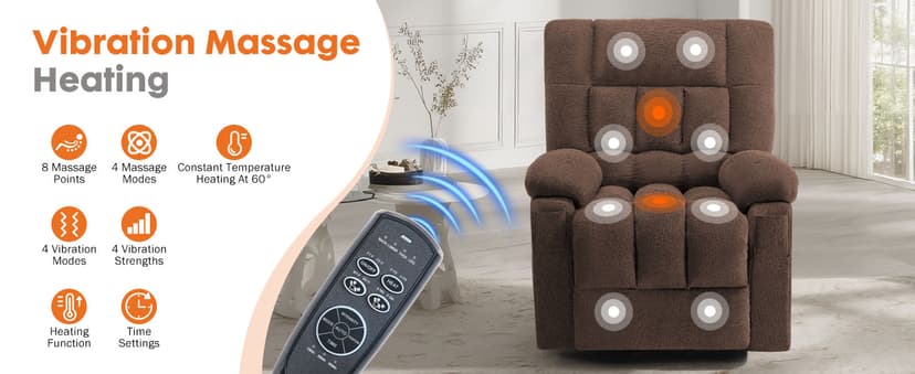 Sweetcrispy Power Lift Recliner Chair with Vibration Massage and Heat for Adults, Ergonomic Overstuffed Breathable Fabric Reclining Chair with Side Pockets, Remote Control, Living Room, Bedroom, Brown