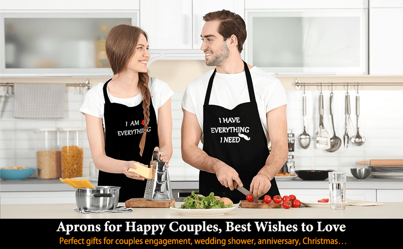 YIKA® Apron Couples, Christmas Gifts for Couples: Waterproof Aprons for Women Men, with Adjustable Neck Strap with Extra Long Ties, 2 Pockets (Black)