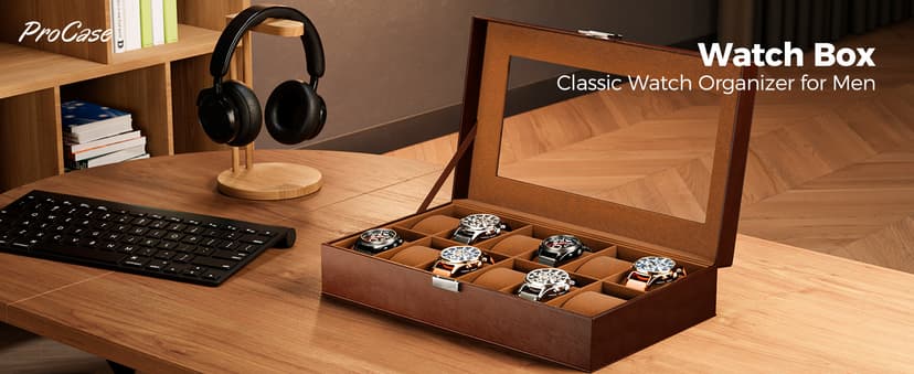 ProCase ProCase Watch Box Organizer, 12 Slot Watch Display Case With Glass Lid, Watch Storage Holder Mens Watch Case, Anniversary Birthday Valentine Gifts for Men Women -12 Slot, Brown