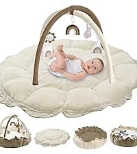 HAN-MM 5-in-1 Convertible Baby Play Gym with 6 Toys, Tummy Time Mat for Sensory Development, Baby Activity Center from Newborn to Toddler, Ball Pit, Soft Plush Pet Mat, Pink