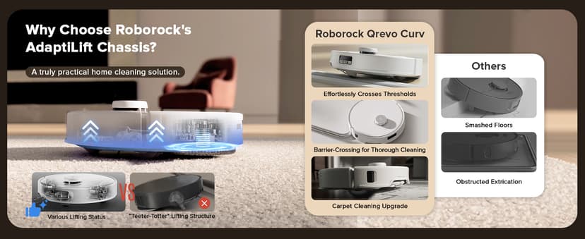 roborock Qrevo Curv Robot Vacuum and Mop, Zero-Tangling, AdaptiLift Chassis, FlexiArm Technology, Al Obstacle Recognition, 17mm Mop Lift, 18,500Pa Suction, Hot Water Mop Washing & Dock Self Cleaning