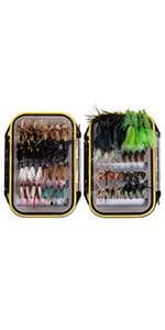 BASSDASH Fly Fishing Assorted Flies Kit, Pack of 64 pcs Including Dry and Wet Flies, Nymphs, Streamers, Terrestrials, Leeches and More, with Magnetic Fly Box